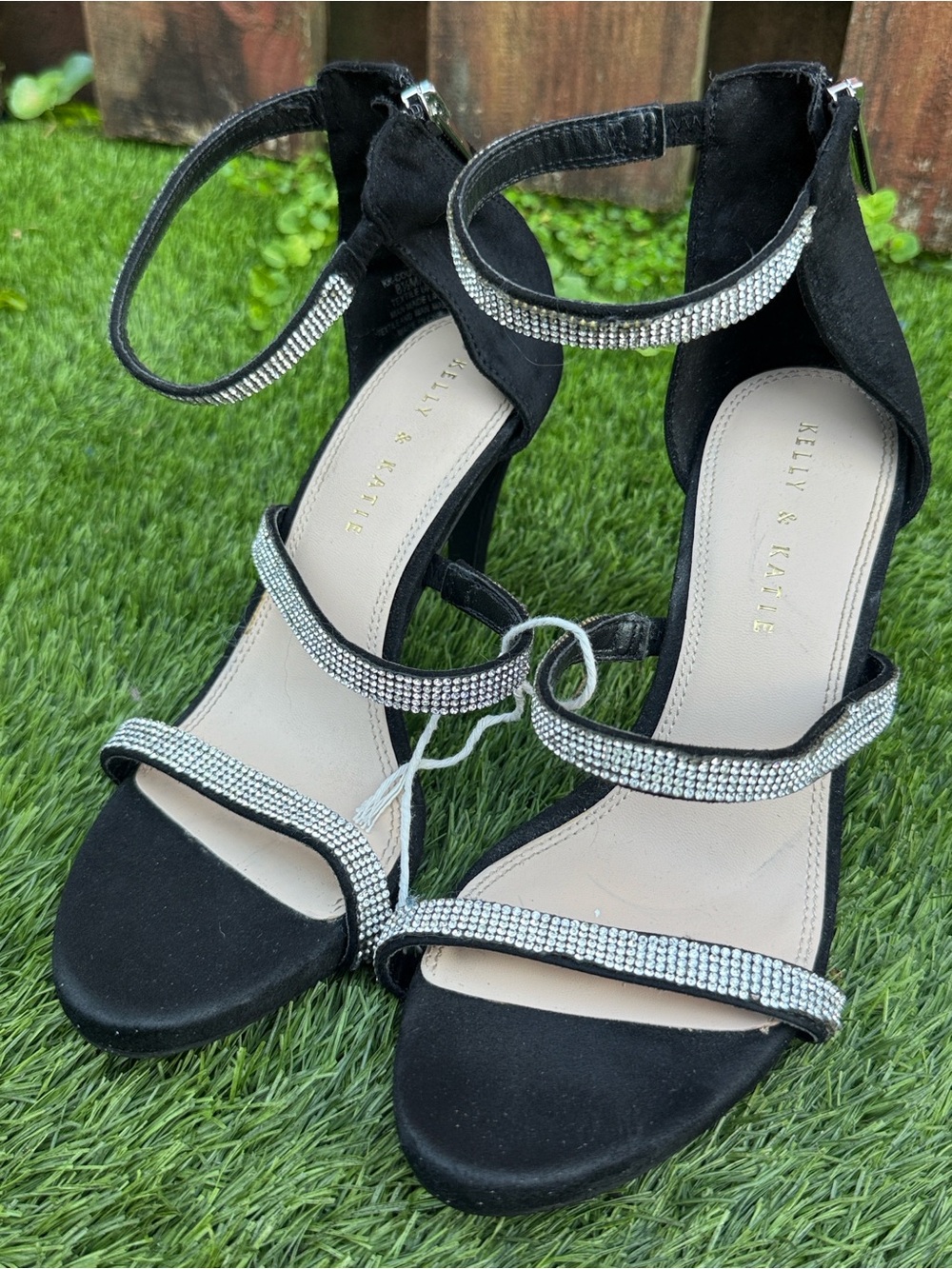 Kelly & Katie Black Courtnee Stiletto Heels Rhinestone Ankle Strap 8.5